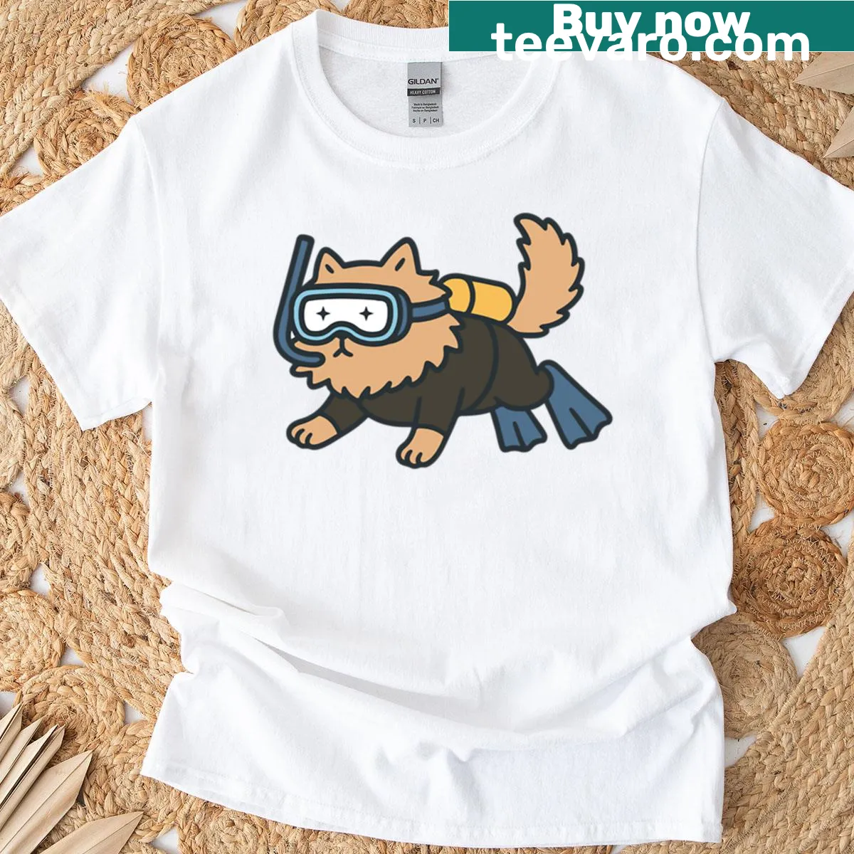 Illustration of a cat in scuba gear on a playful T-shirt — on a men's t-shirt