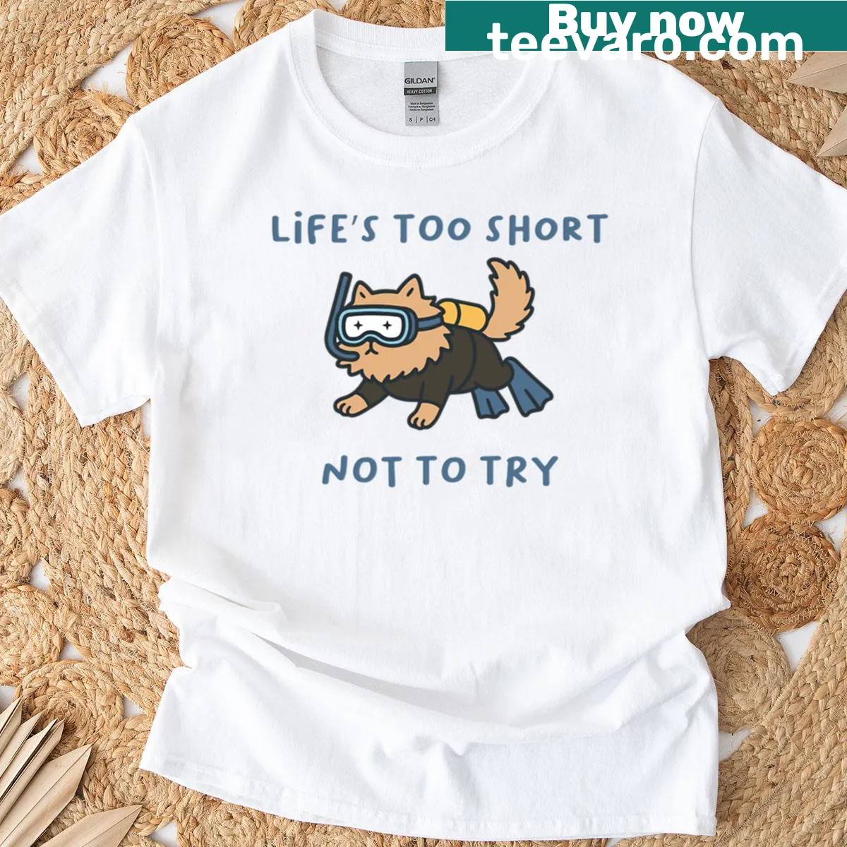 Illustration of a cat scuba diving in a playful graphic — on a men's t-shirt