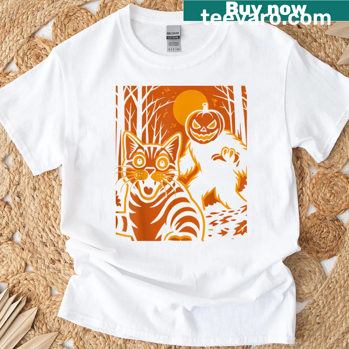 Cute Halloween T-shirt with a cat selfie and pumpkin monster graphic — on a men's t-shirt