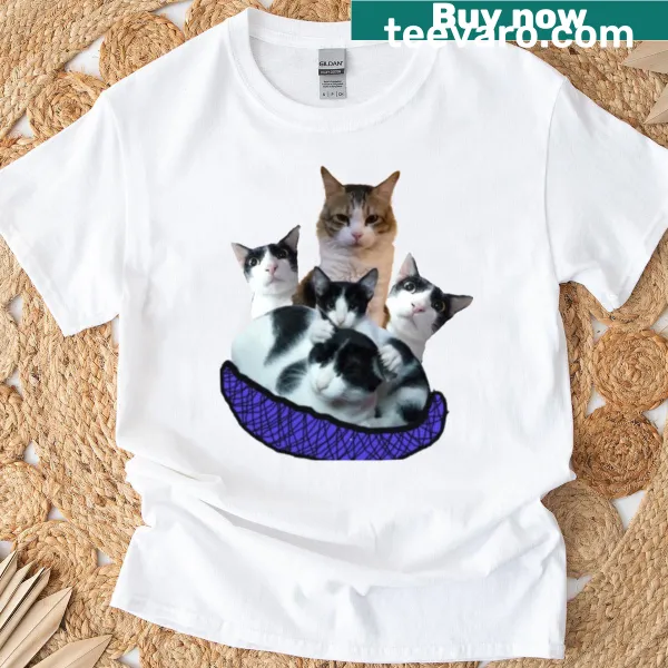Funny T-shirt with black and white cats in a cat tree