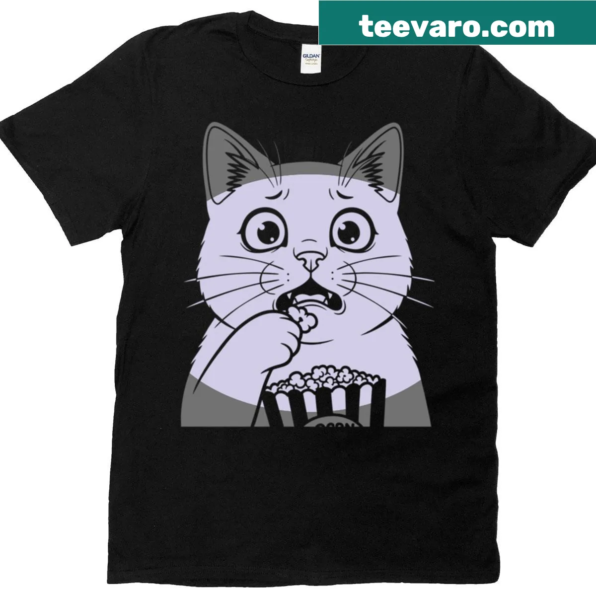 Illustrated T-shirt featuring a cat watching horror movies with popcorn — on a men's t-shirt