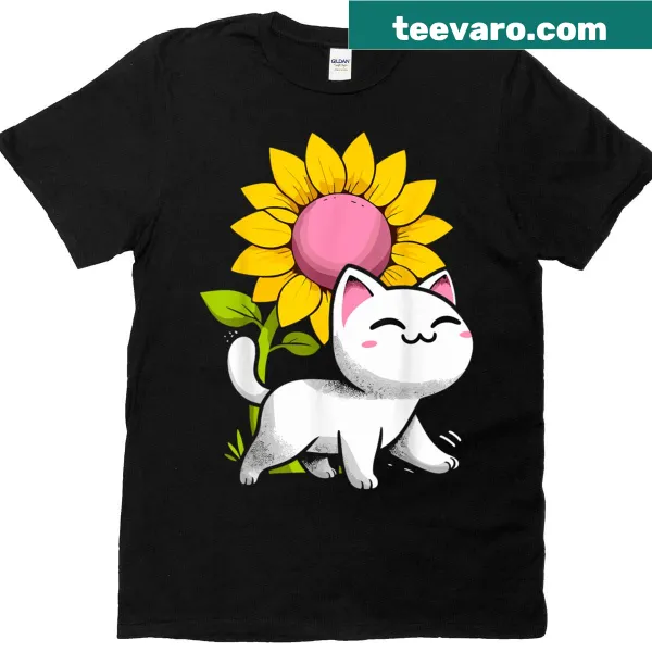 Illustration of a cat surrounded by sunflowers on a t-shirt