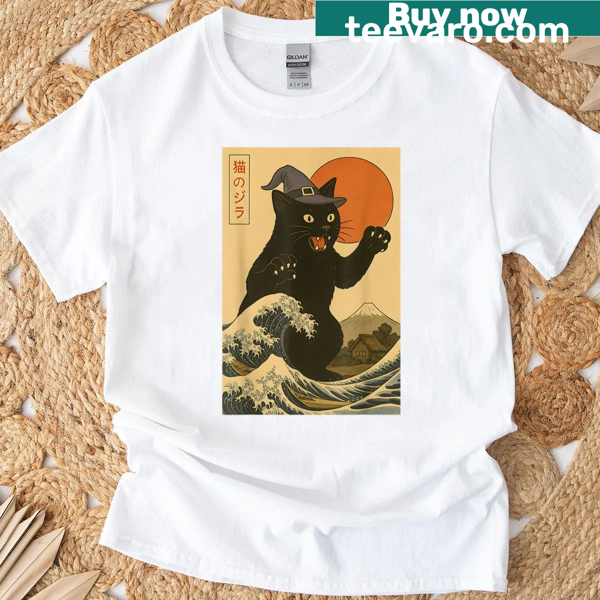 Funny T-shirt with Catzilla cat in Japanese art style — on a men's t-shirt