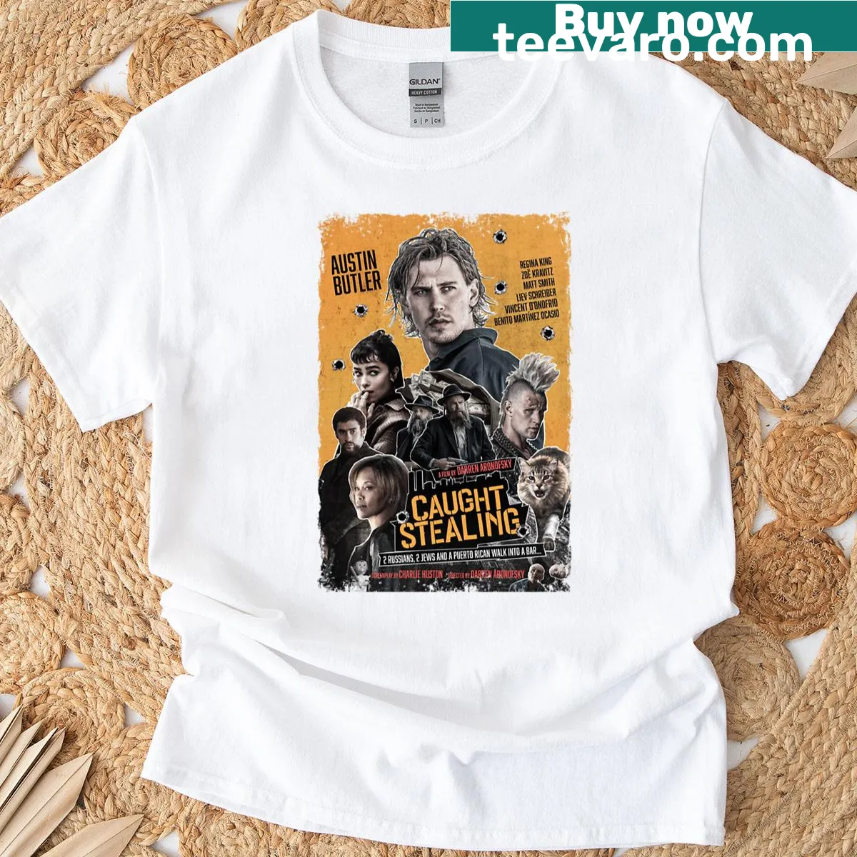 Humorous 'Caught Stealing' typography T-shirt — on a men's t-shirt