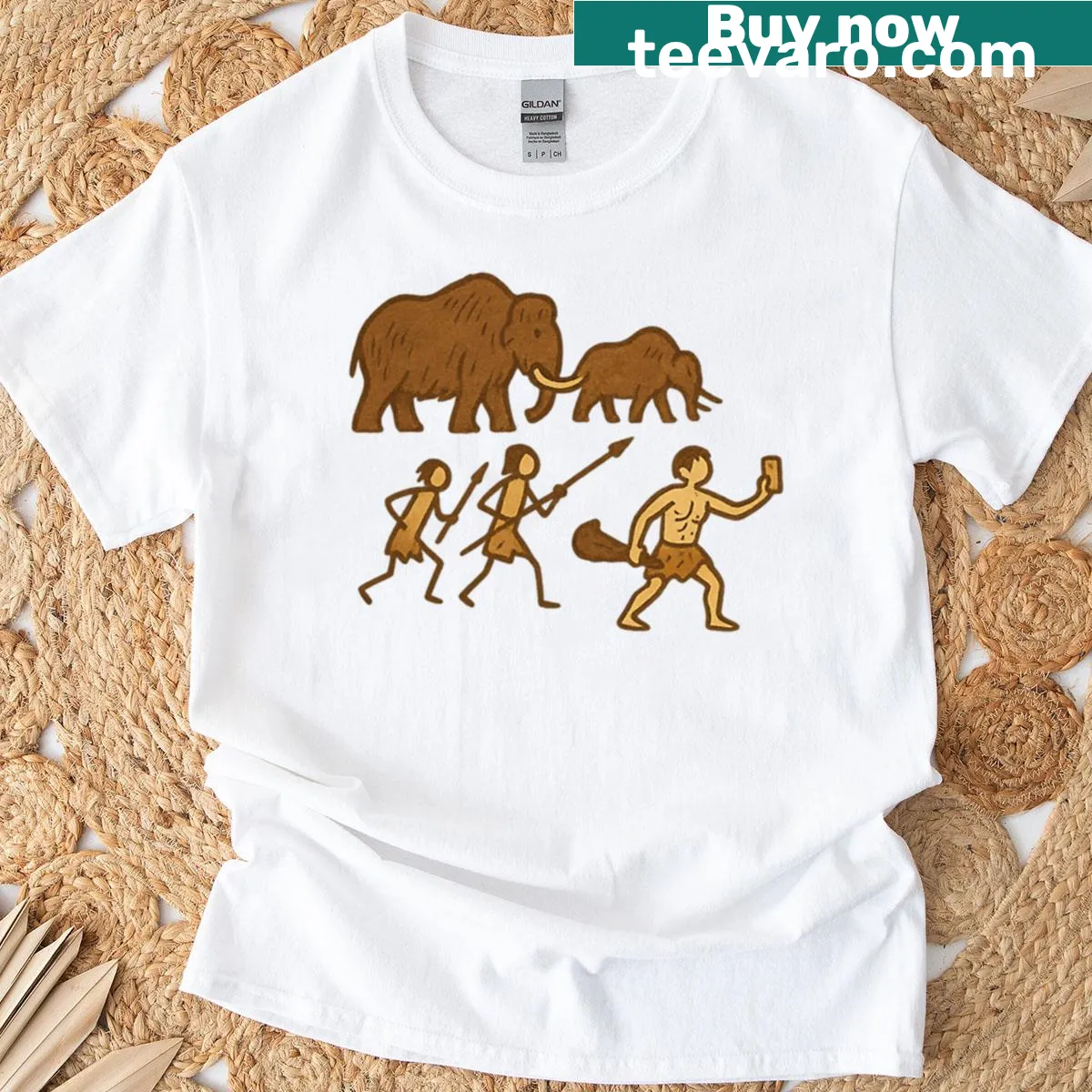 Vintage-style caveman cave art graphic t-shirt — on a men's t-shirt