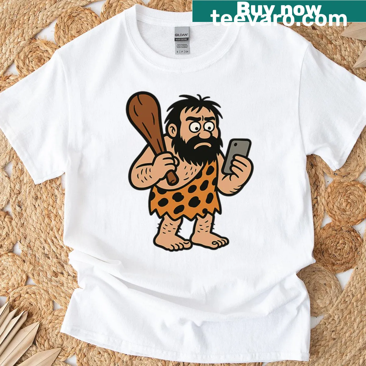 Cartoon T-shirt featuring a funny Paleo fitness theme — on a men's t-shirt