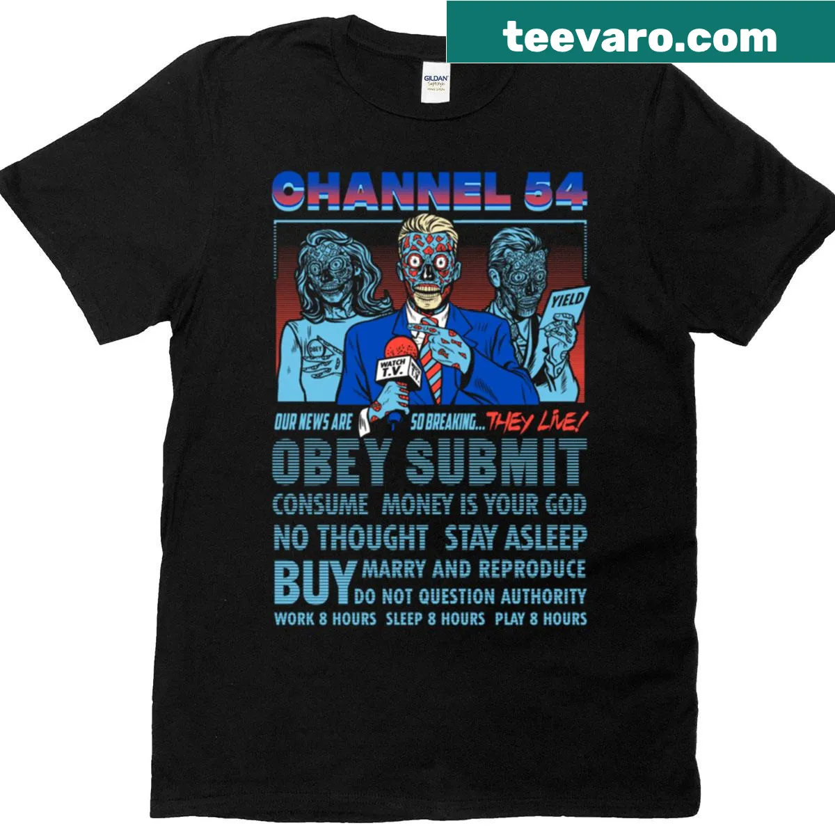 Channel 54 T-shirt with a playful retro broadcasting illustration — on a men's t-shirt