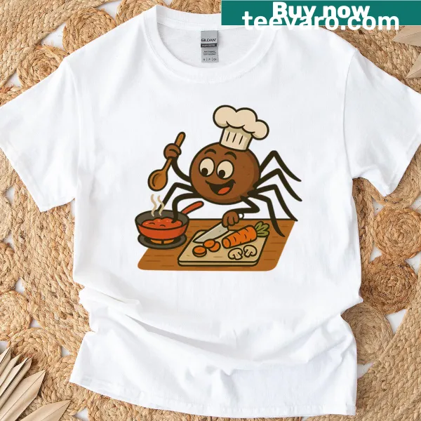 Cartoon chef spider cooking on a humorous t-shirt design.