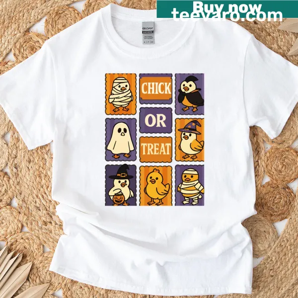 Funny chicken graphic with 'Chick or Treat' text on a Halloween T-shirt