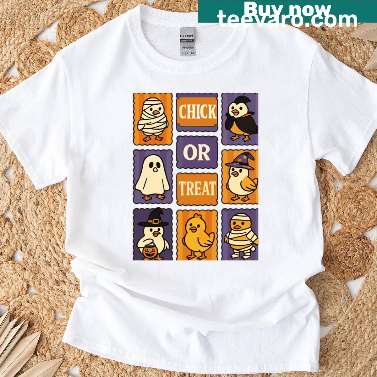 Funny chicken graphic with 'Chick or Treat' text on a Halloween T-shirt — on a men's t-shirt
