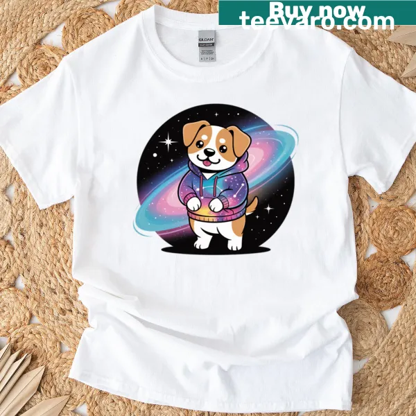 Illustration of a chill dog in an intergalactic setting on a T-shirt