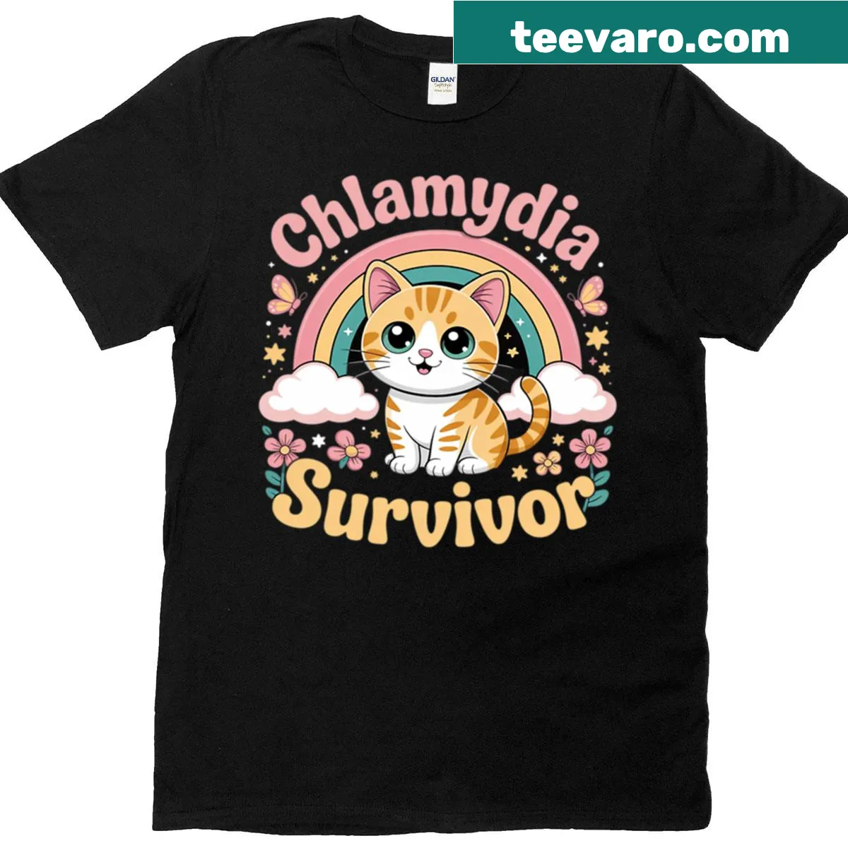 Kawaii-style T-shirt with a cat meme and humorous text about survival — on a men's t-shirt