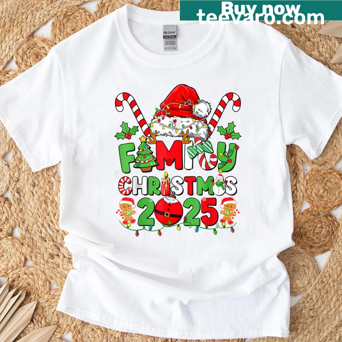 Matching family Christmas T-shirt with Santa and elf illustration — on a men's t-shirt