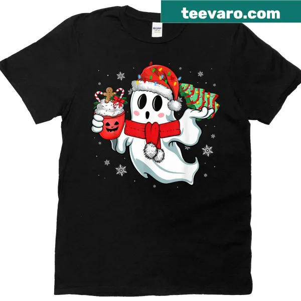 Whimsical ghost in a Santa hat with cocoa and candy on T-shirt