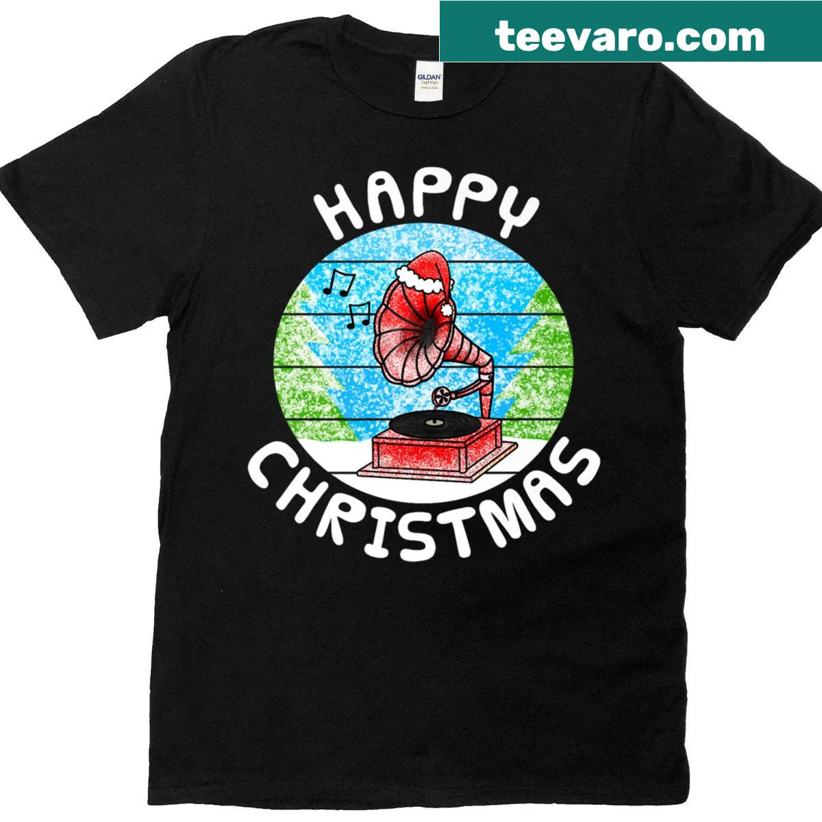 Christmas gramophone illustration for musicians on T-shirt — on a men's t-shirt