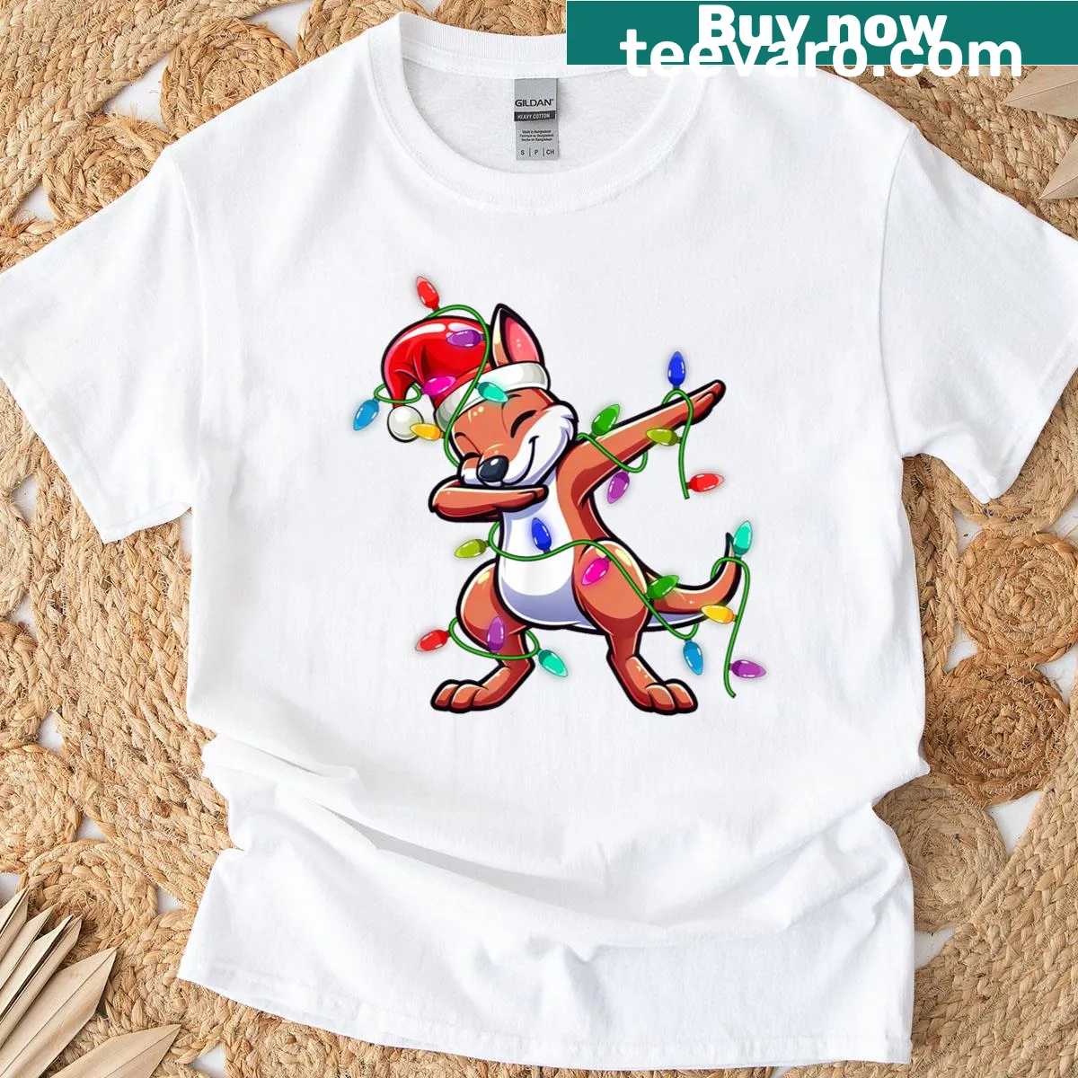 Christmas T-shirt featuring a dabbing kangaroo with festive lights — on a men's t-shirt
