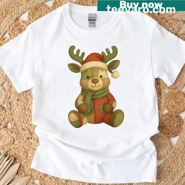 Patchwork reindeer design for Christmas T-shirt