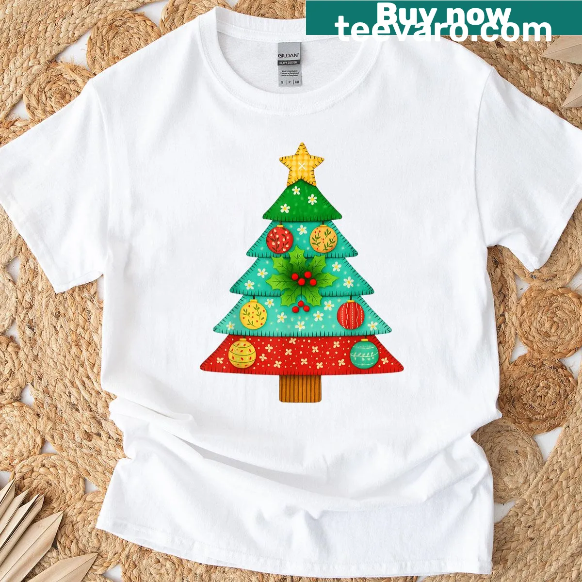 Patchwork Christmas tree design on a festive mom T-shirt — on a men's t-shirt