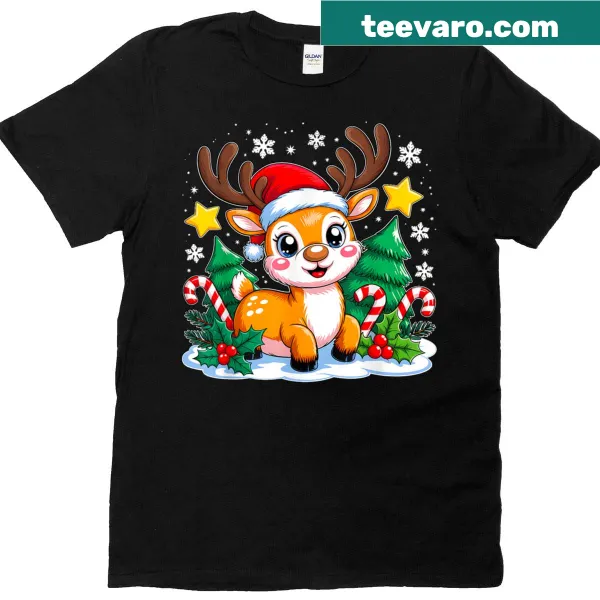 Funny Christmas reindeer graphic on a festive T-shirt for kids