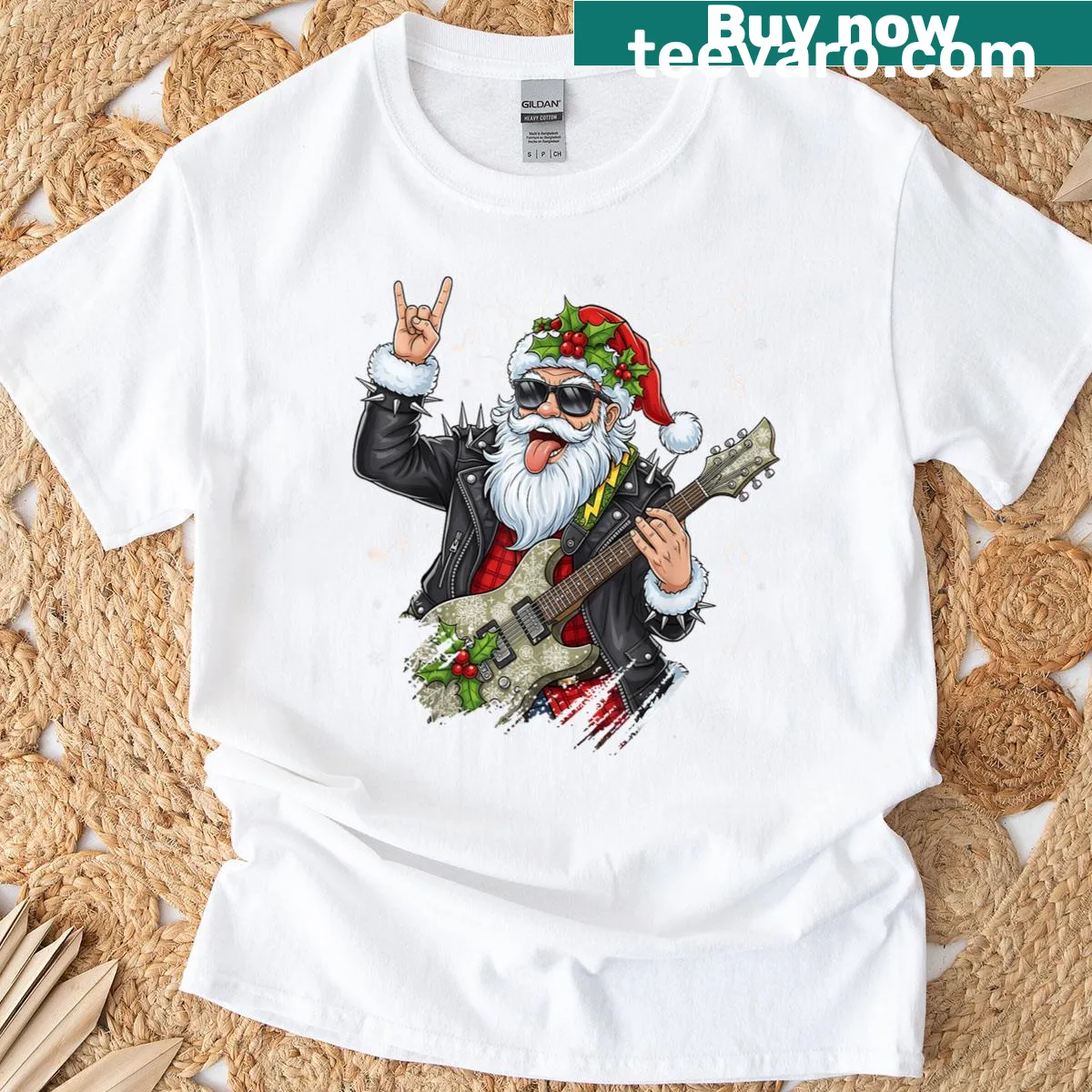 Santa Claus playing guitar in a cartoon style for Christmas t-shirt — on a men's t-shirt