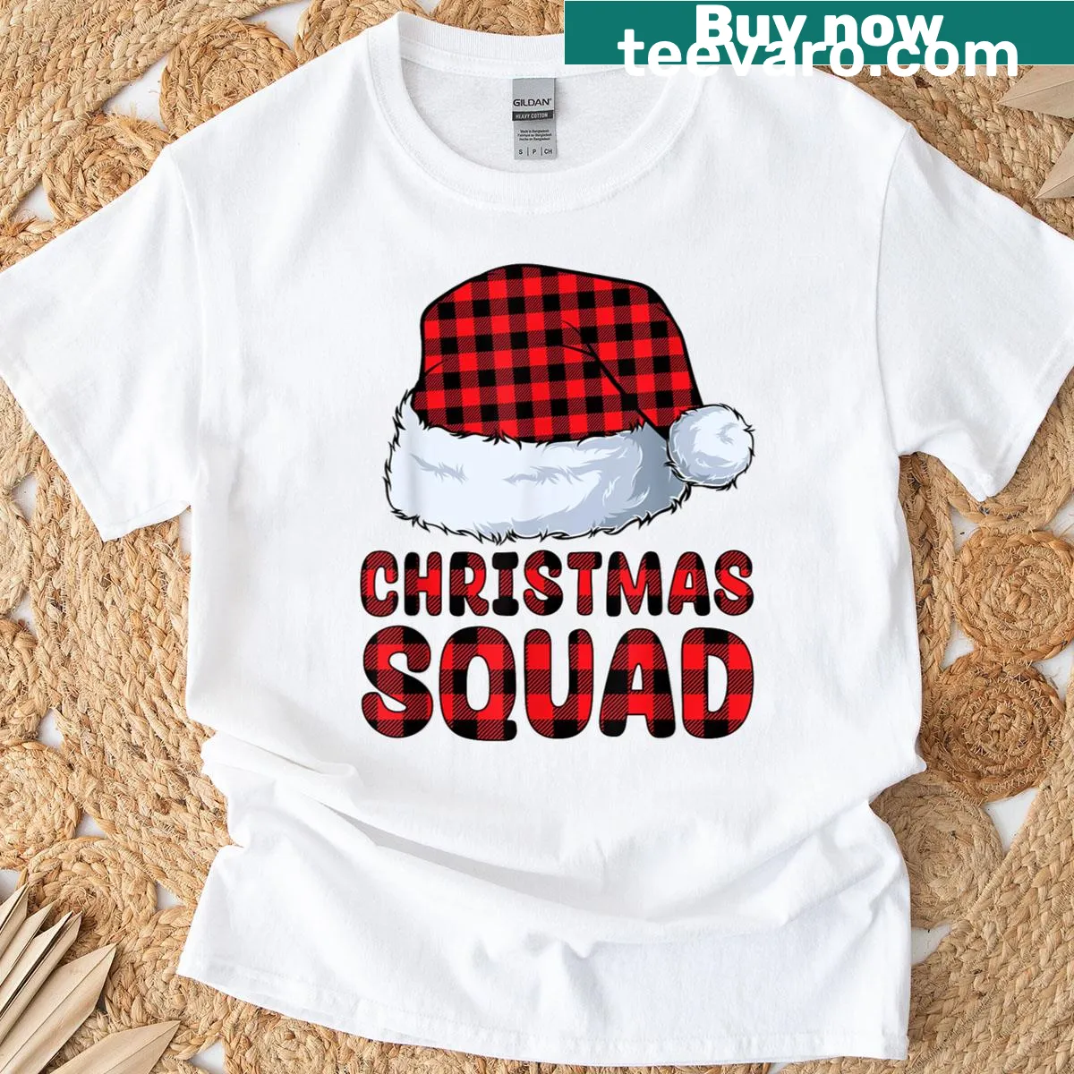 Family matching Christmas Squad T-shirt with buffalo plaid design — on a men's t-shirt
