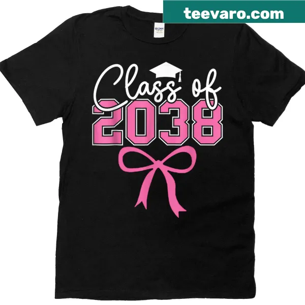 Whimsical pink T-shirt with 'Class Of 2038' and a bow for kindergarteners.