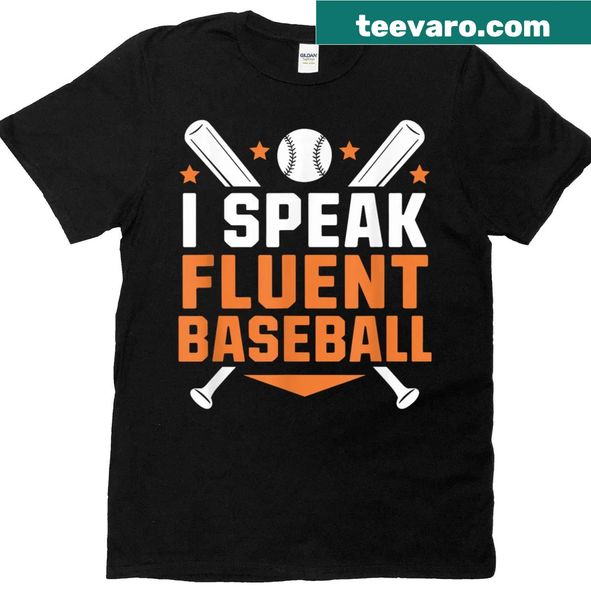 Playful typography t-shirt declaring 'I Speak Fluent Baseball' for fans. — on a men's t-shirt