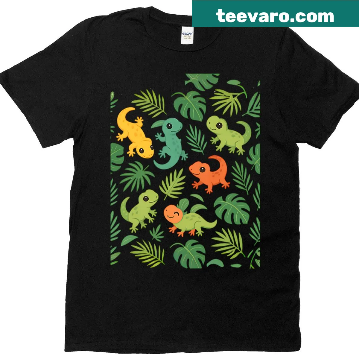 Tropical-themed T-shirt with geckos and leaves — on a men's t-shirt