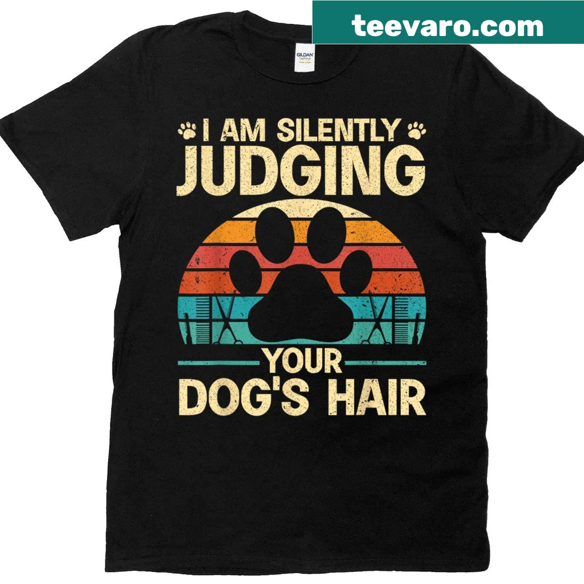 Illustrative t-shirt for dog groomers featuring pet grooming graphics — on a men's t-shirt
