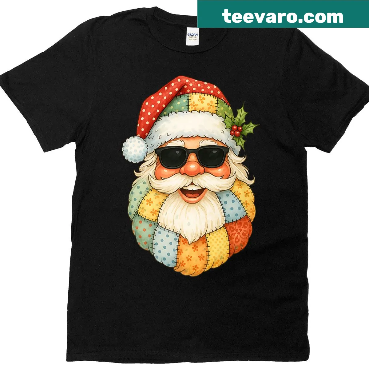 Patchwork Santa Claus face with sunglasses illustration on a Christmas t-shirt — on a men's t-shirt