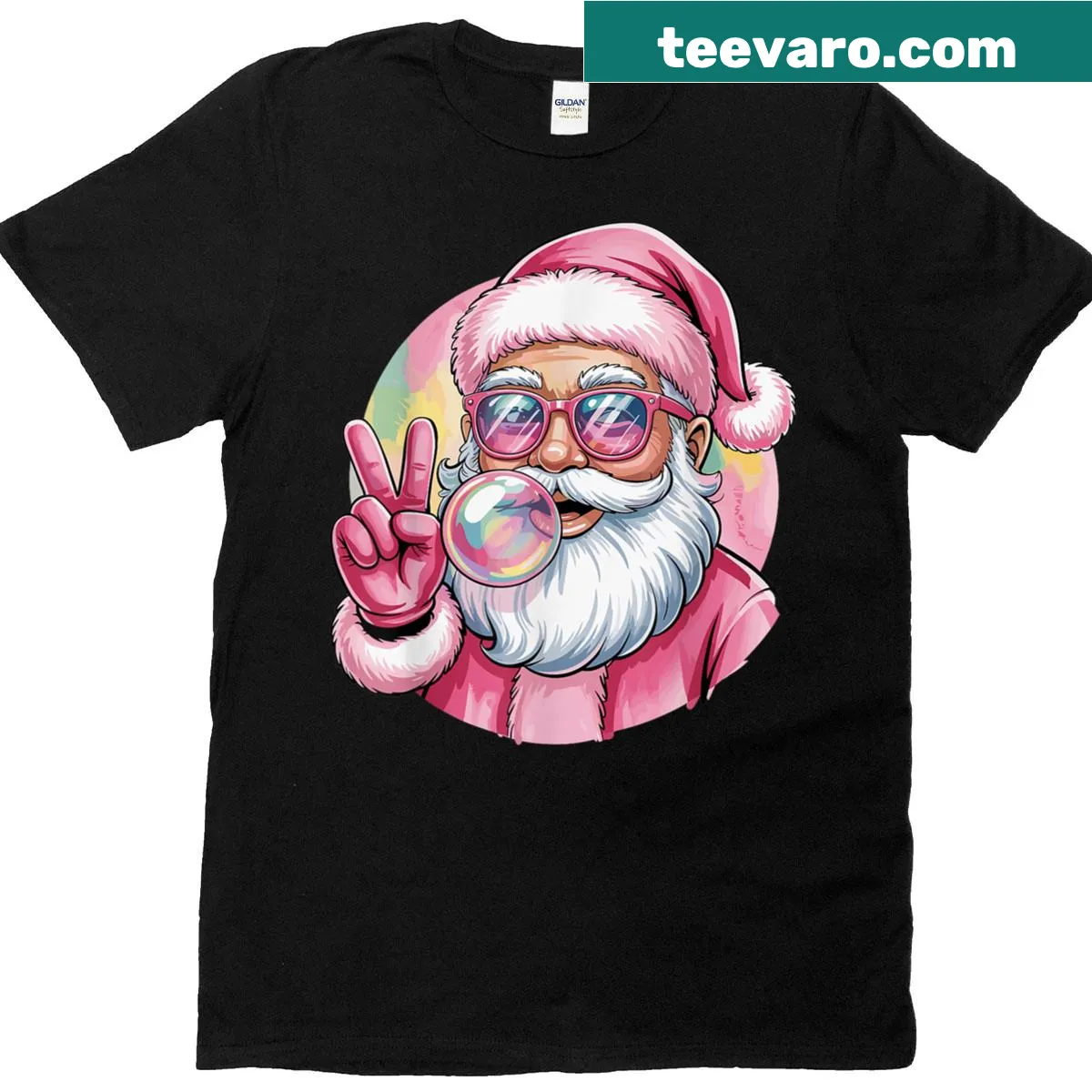 Whimsical Santa t-shirt with sunglasses and bubble gum — on a men's t-shirt