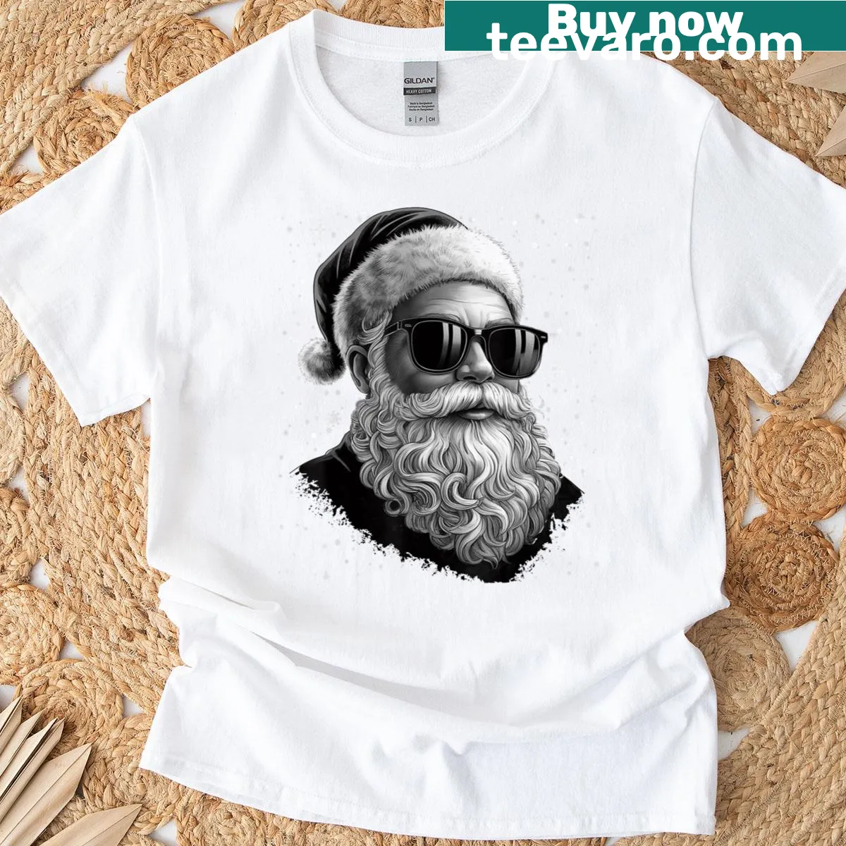 Funny Santa face with glasses and beard graphic on t-shirt — on a men's t-shirt