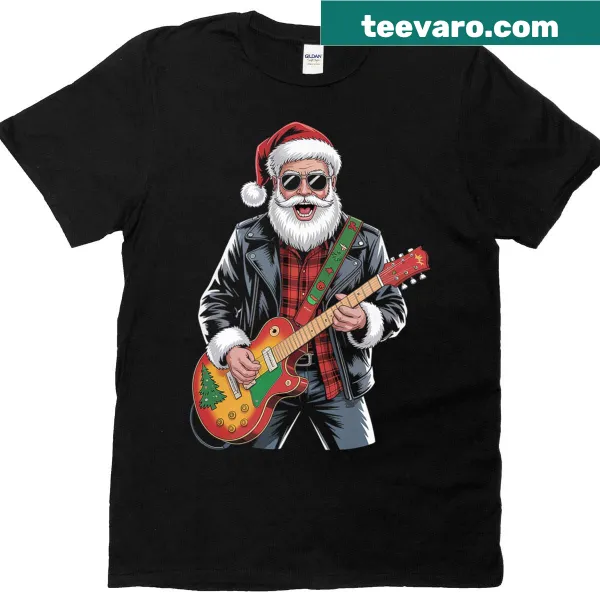 Santa Claus playing guitar in a festive T-shirt
