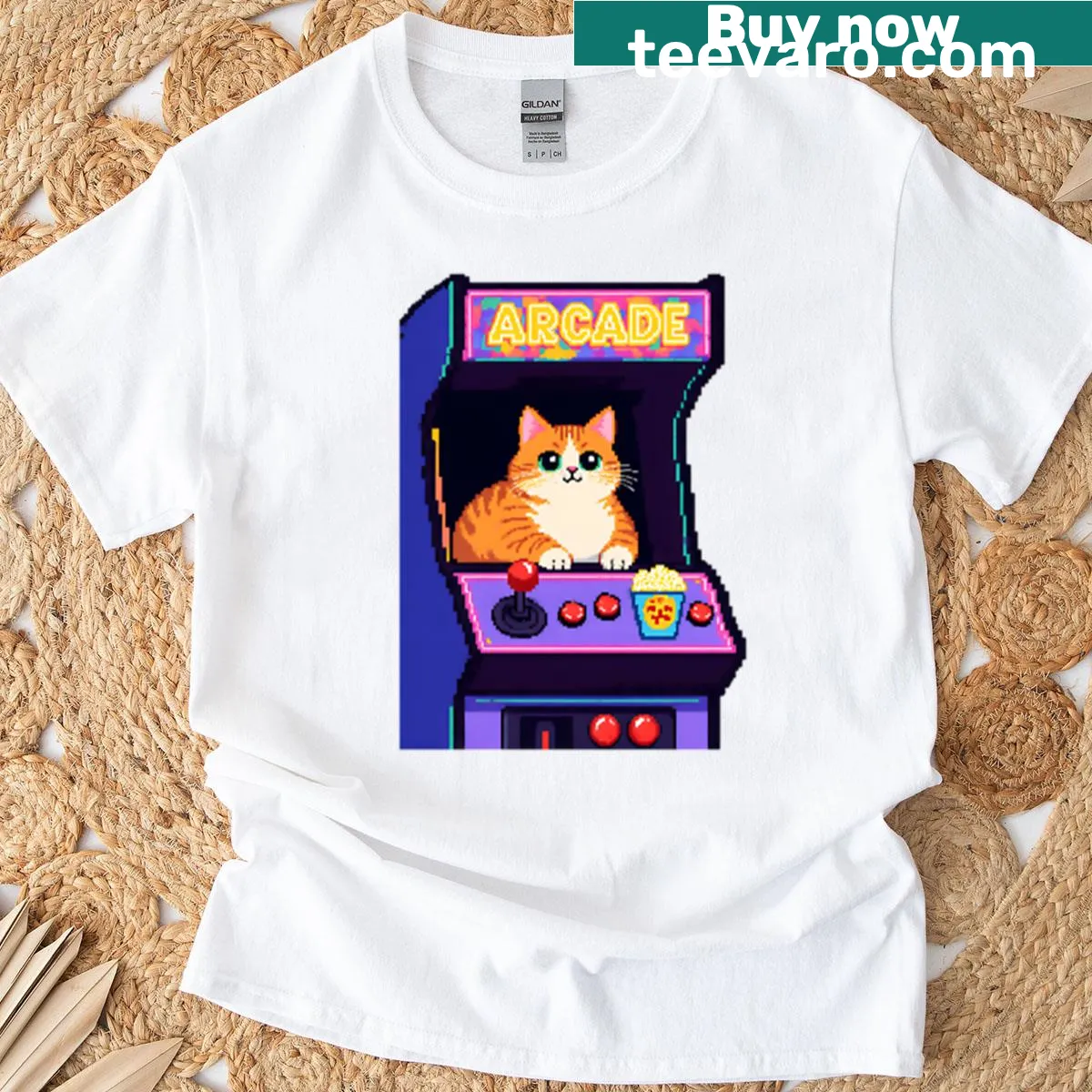 Retro 8-bit style graphic of a chubby cat on a gaming t-shirt — on a men's t-shirt