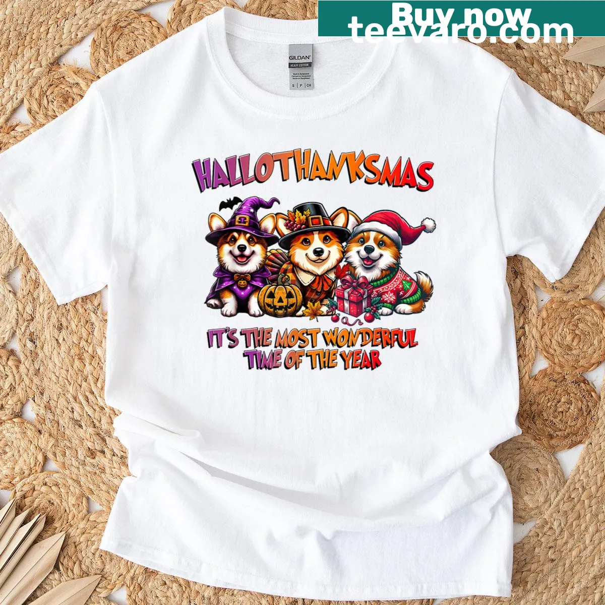 Corgi illustrations for Halloween, Thanksgiving, and Christmas on a T-shirt — on a men's t-shirt