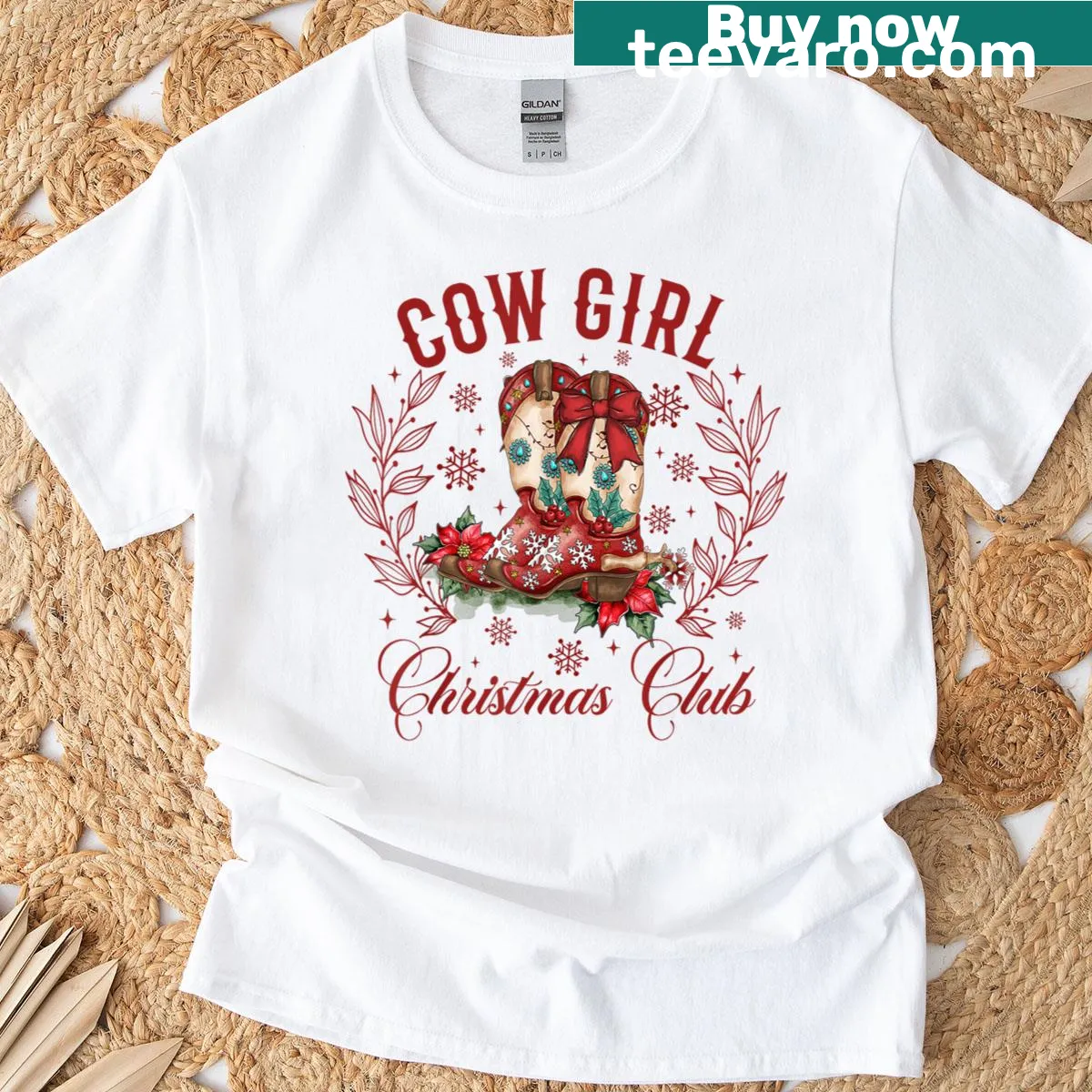 Vintage-style Christmas T-shirt with cowgirl boots and festive bow — on a men's t-shirt