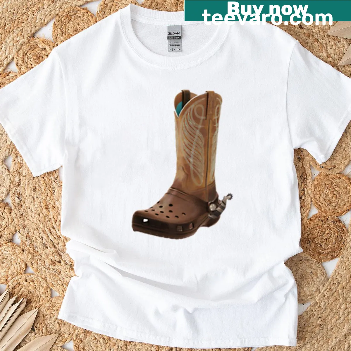 Fun cartoon T-shirt featuring Crocboy boots design — on a men's t-shirt