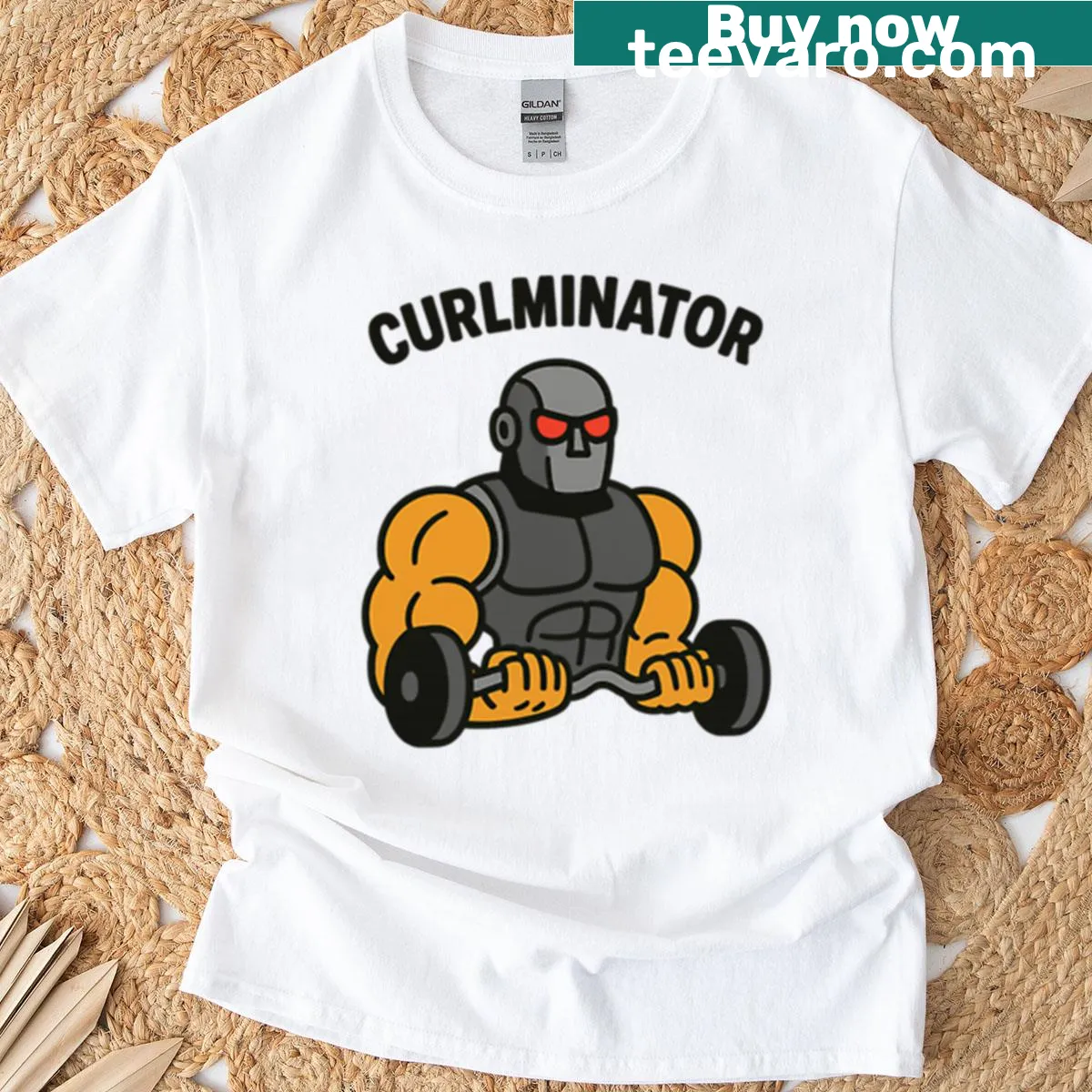 Cartoon bodybuilding robot t-shirt inspired by Terminator — on a men's t-shirt