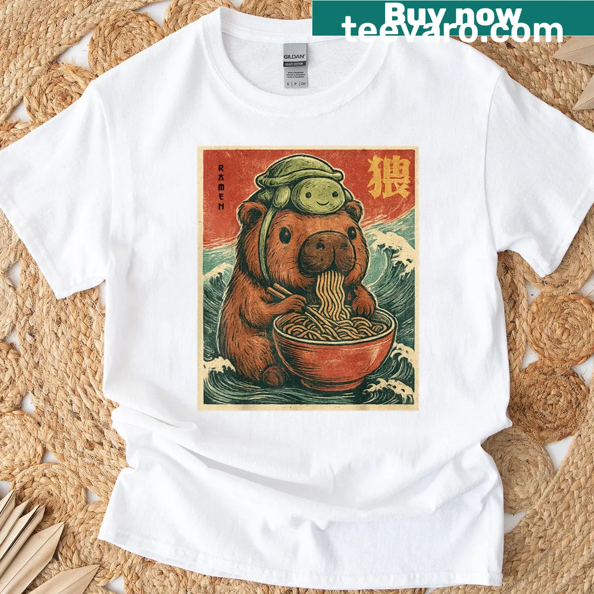 Kawaii capybara and turtle with ramen graphic t-shirt — on a men's t-shirt