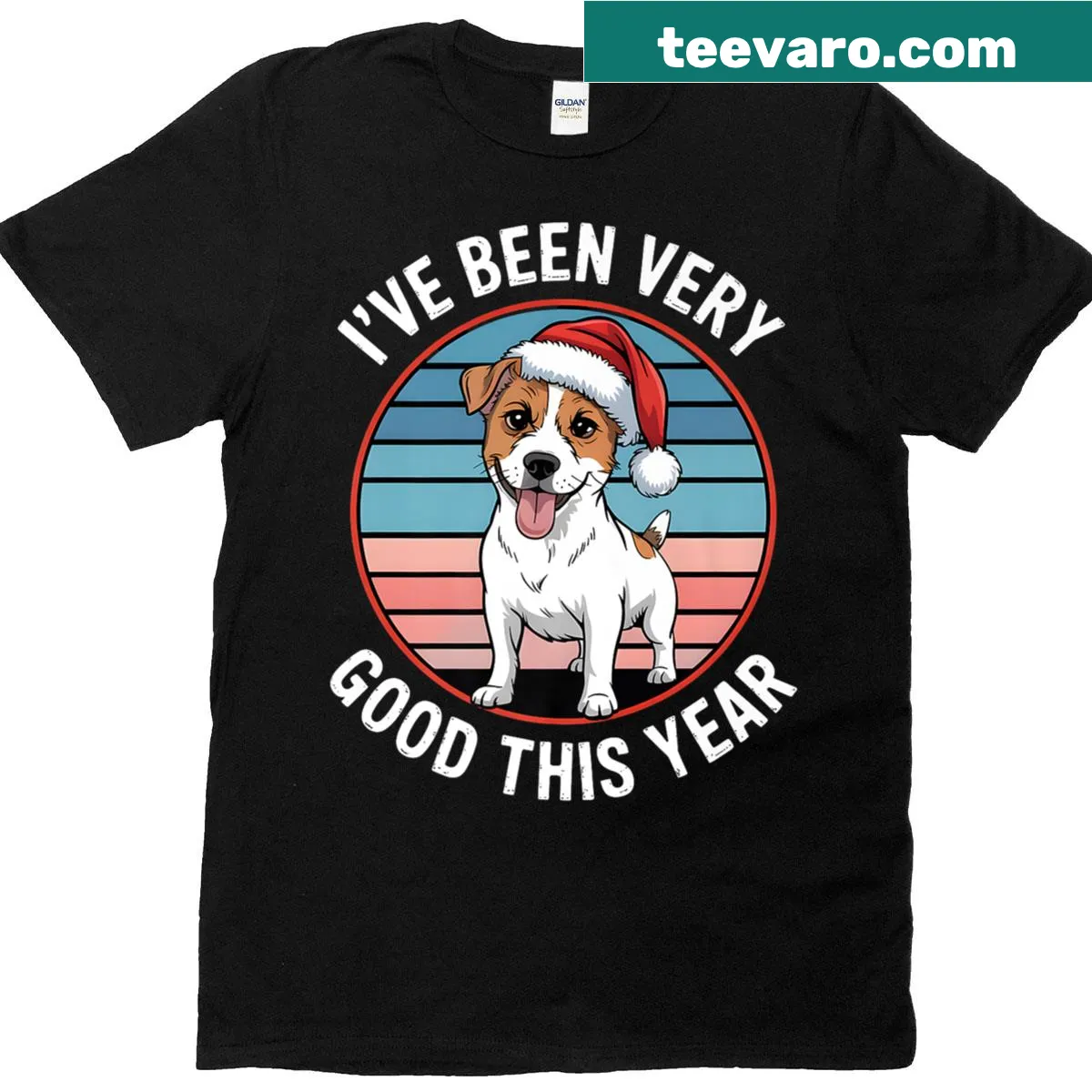 Cartoon dog in Santa hat on a festive Christmas T-shirt — on a men's t-shirt