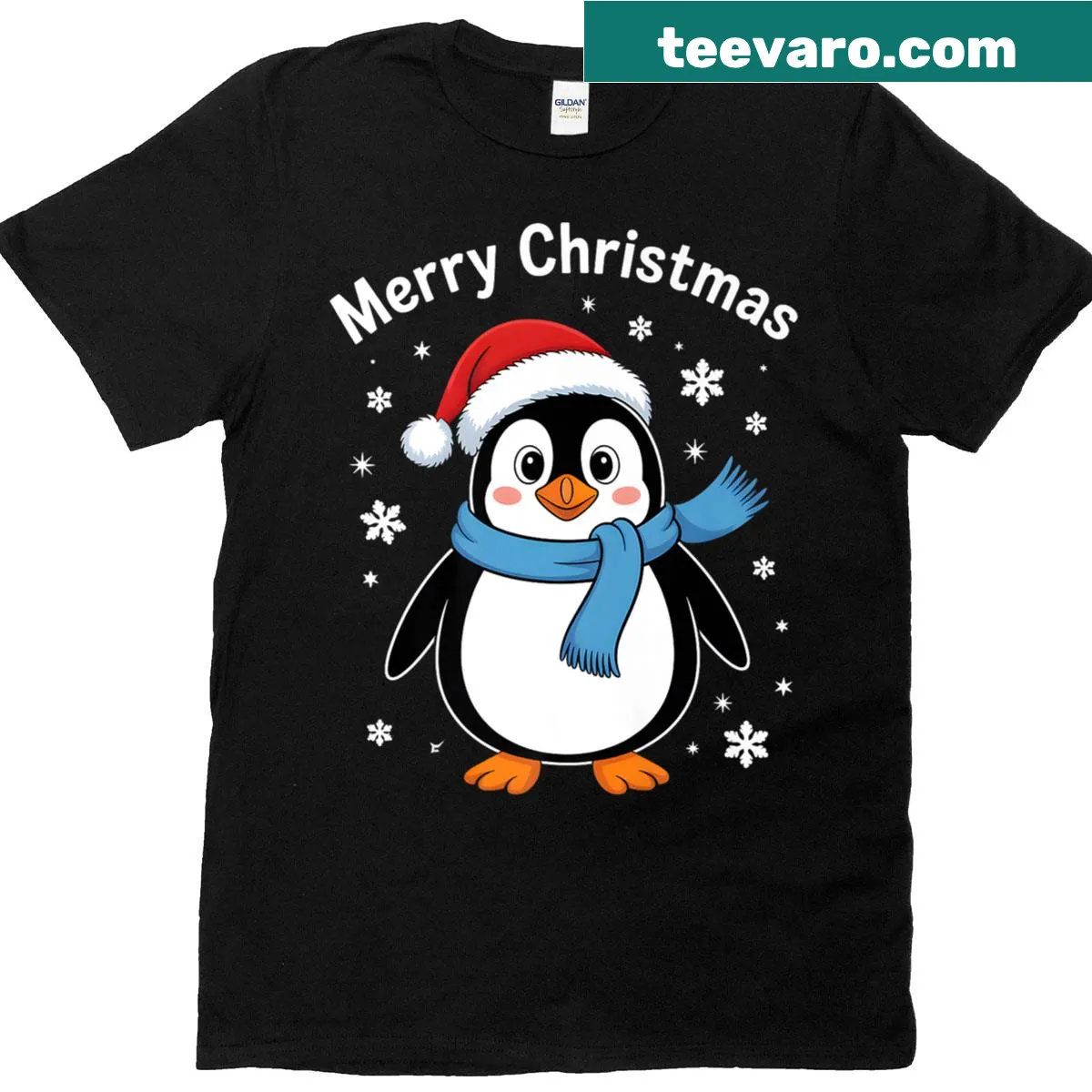 Cute penguin in Santa hat graphic on Christmas T-shirt — on a men's t-shirt