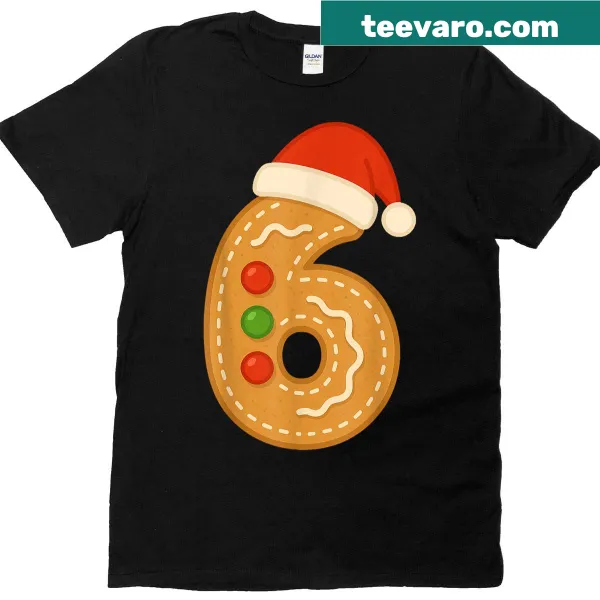 Gingerbread figure wearing a Santa hat with number 6 on a T-shirt