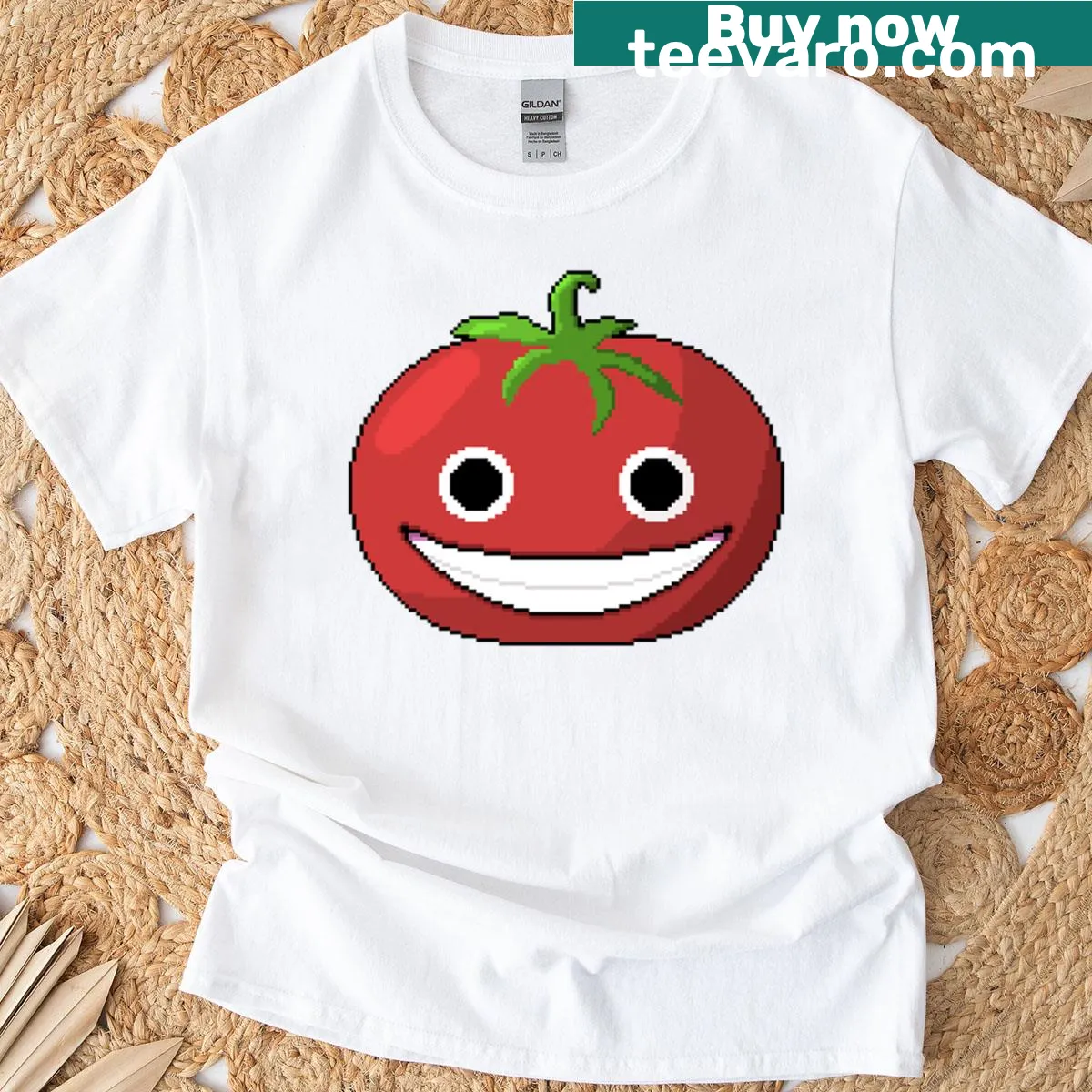 Oversized t-shirt with a cute pixel art smiling tomato — on a men's t-shirt