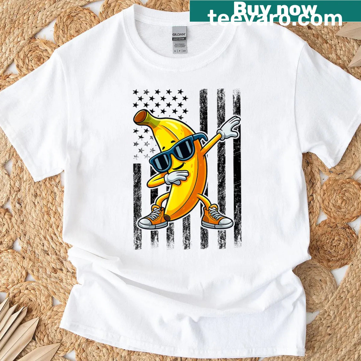 Dabbing banana with American flag design on a kids' T-shirt — on a men's t-shirt