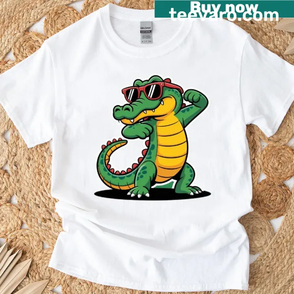 Playful dabbing crocodile graphic on t-shirt