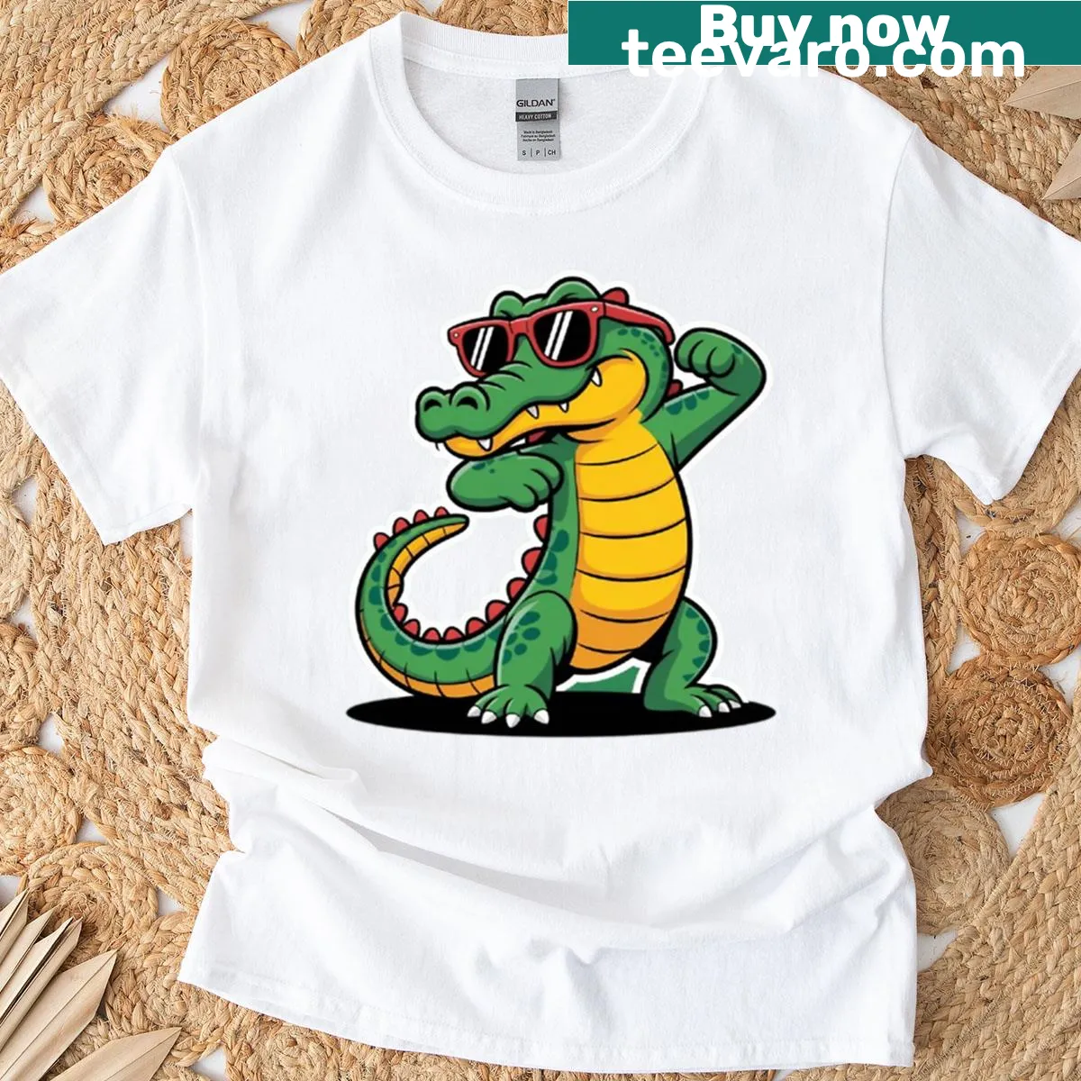 Playful dabbing crocodile graphic on t-shirt — on a men's t-shirt