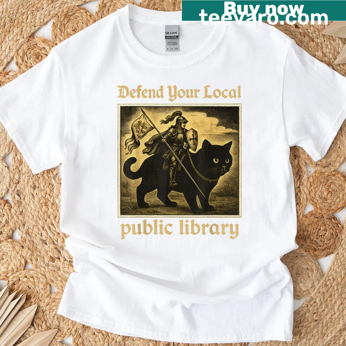 Cat knight defending library illustrated on T-shirt — on a men's t-shirt
