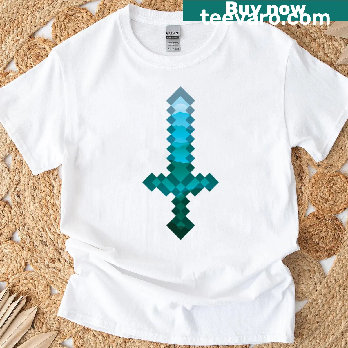 Graphic t-shirt featuring a diamond sword design — on a men's t-shirt