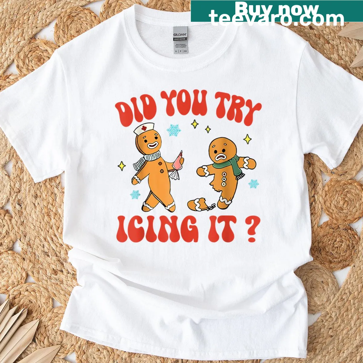 Funny Christmas t-shirt with gingerbread man and humorous text — on a men's t-shirt