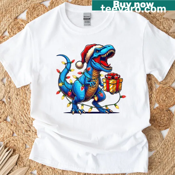 Dinosaur wearing Santa hat with Christmas lights illustration